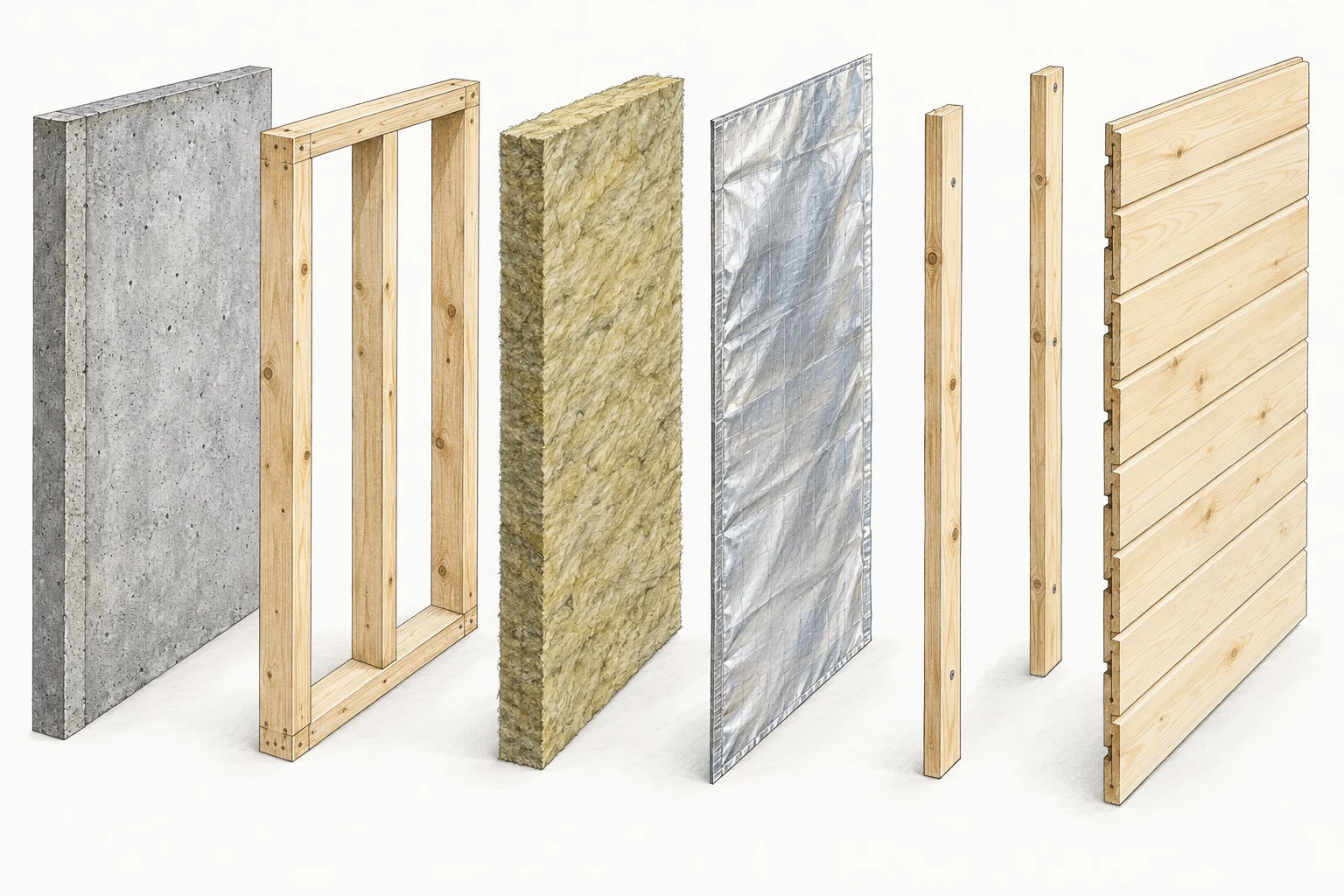 Exploded architectural drawing of the layers behind a sauna wall