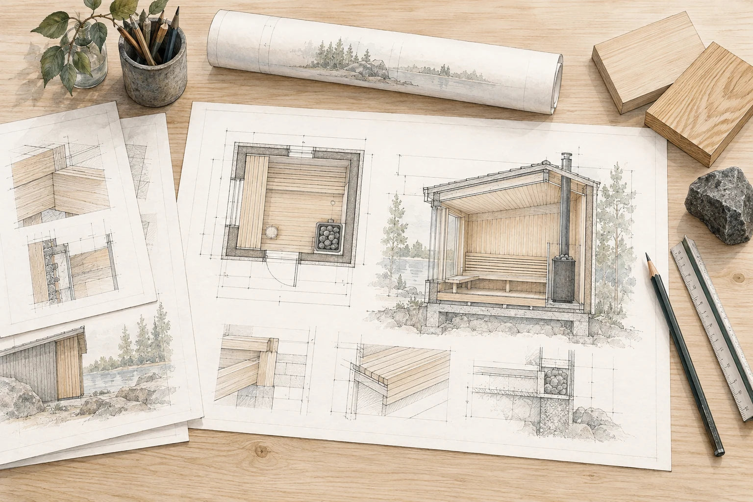 Architectural illustration of sauna project plans and coordinated design decisions