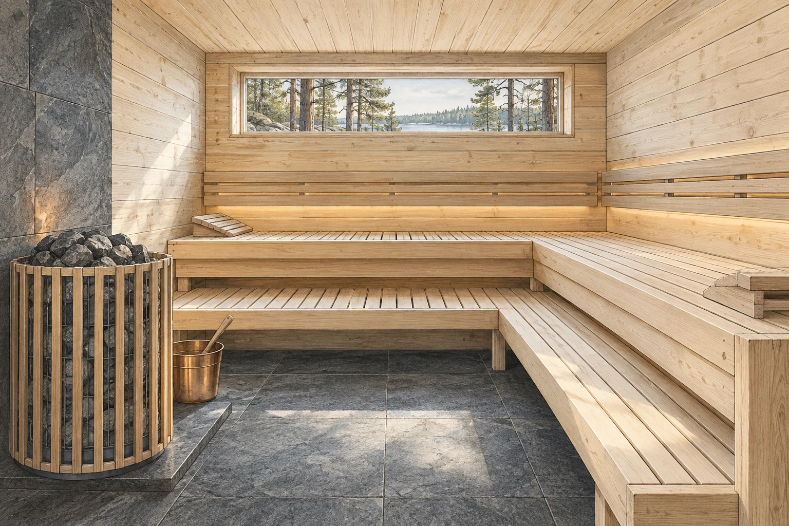 Architectural illustration of a light timber sauna with generous benches, a stone heater and a window toward a quiet Nordic landscape