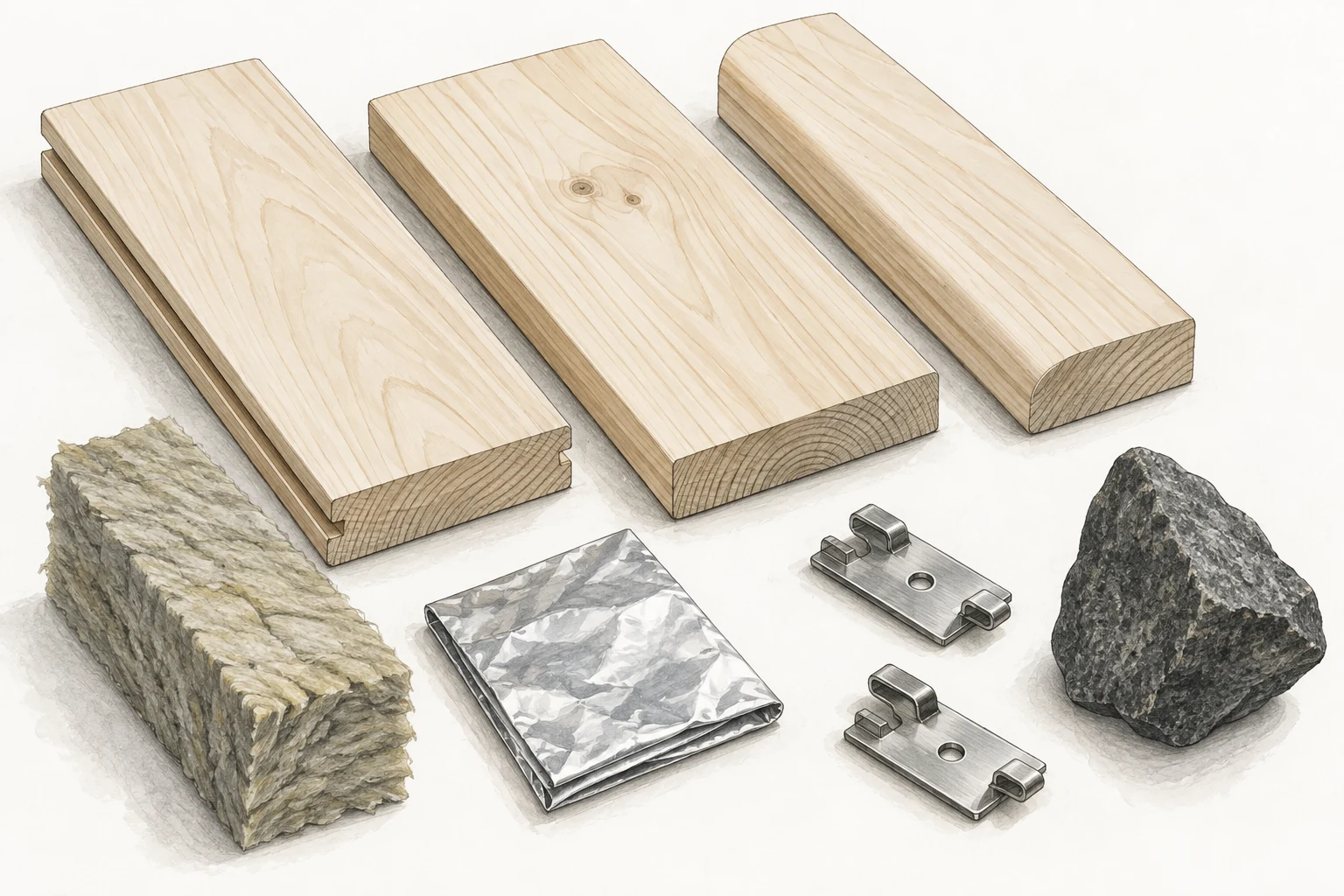 Illustrated collection of timber, insulation and sauna construction materials