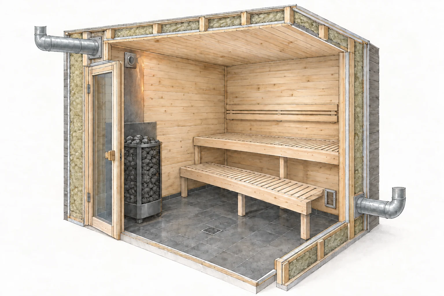 Cutaway illustration showing airflow through a sauna room