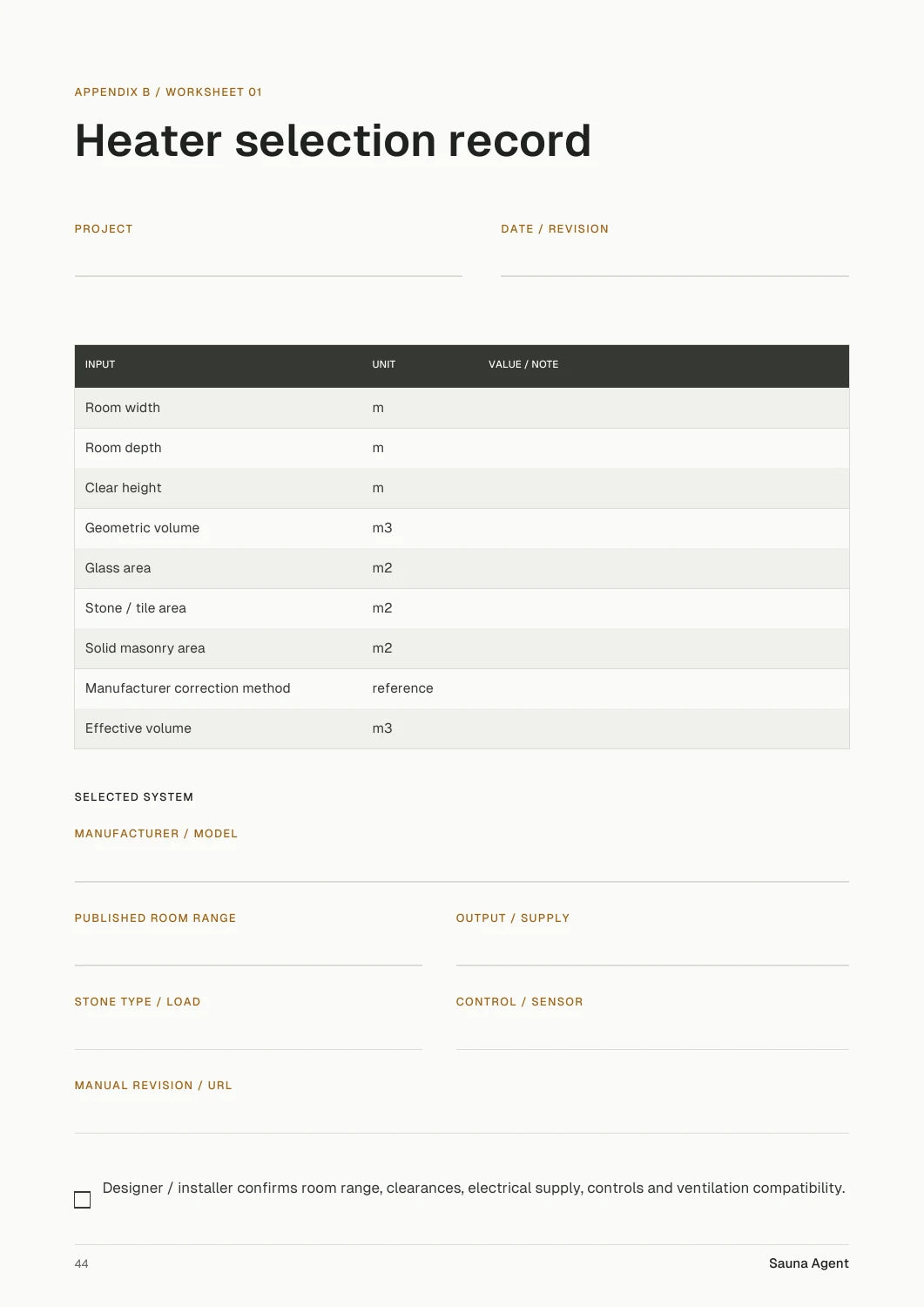 Page 44: printable heater selection record worksheet